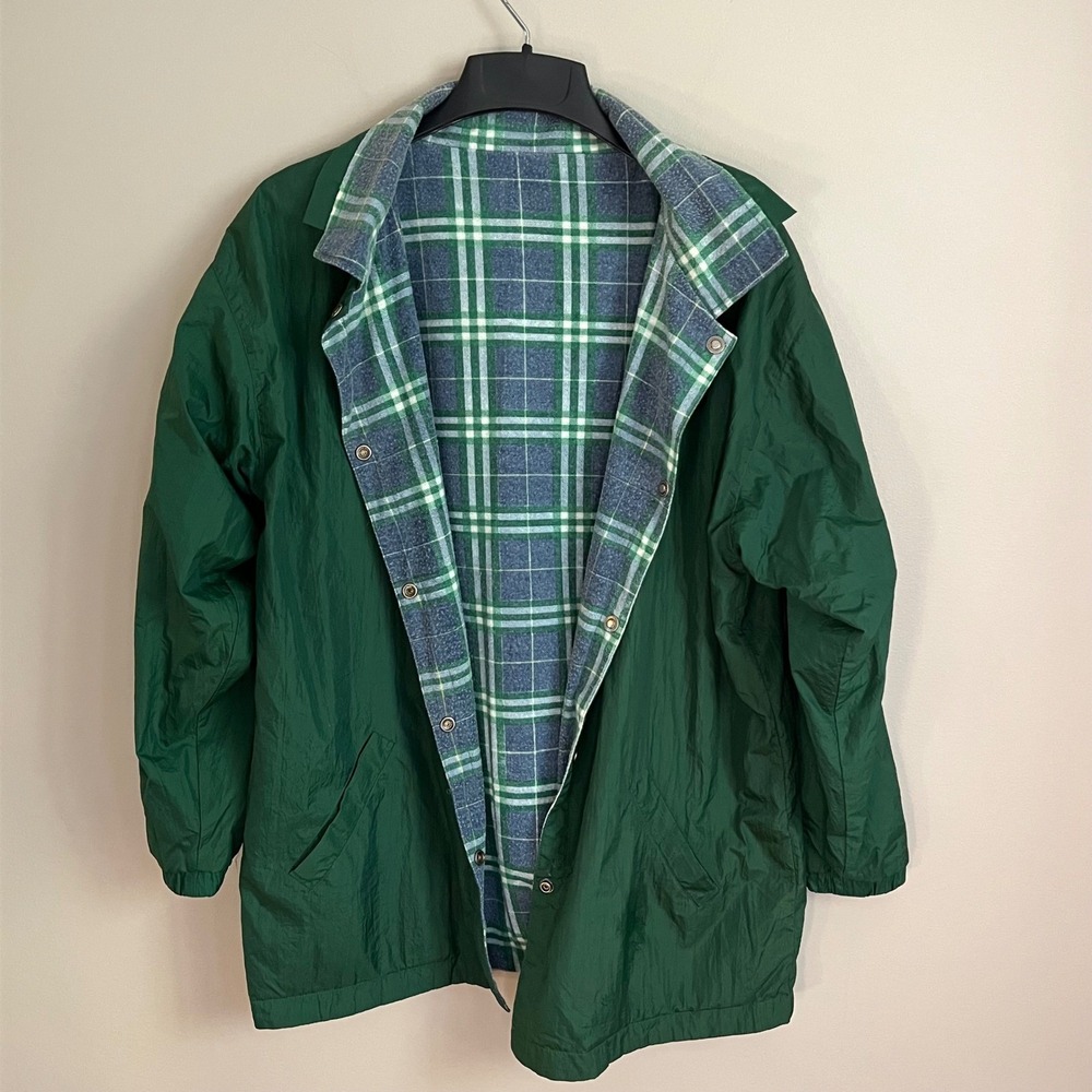 Vintage Reversible Plaid Flannel Green Windbreaker Jacket S Grunge 90s Snap